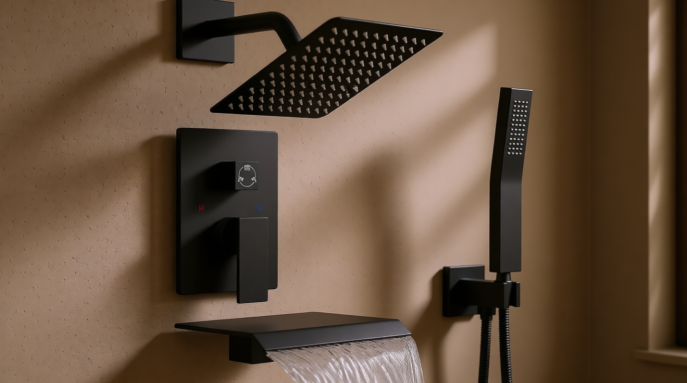 Midanya Shower System with Tub Spout, Bathtub Shower Faucet Set with Square Rainfall Head and Handheld Sprayer Wall Mount Tub Faucet Set with Valve and Trim Kit, 8 Inch Matte Black