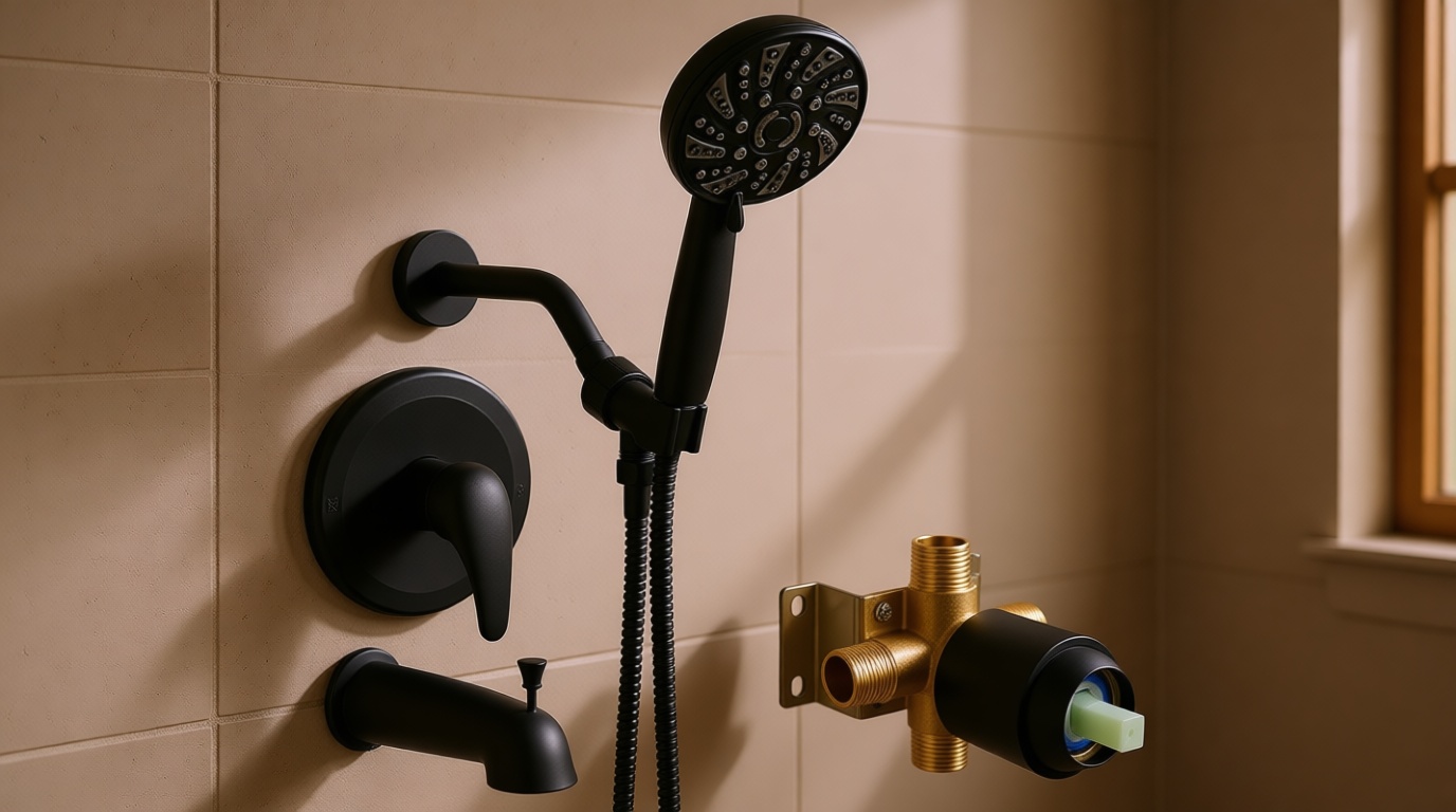 gotonovo Bathroom Shower Head Kit High Pressure Combo System Shower Faucet 6 Modes ABS Handheld Spray Shower Trim Kit Valve Included Shower Head and Handle Set Matte Black