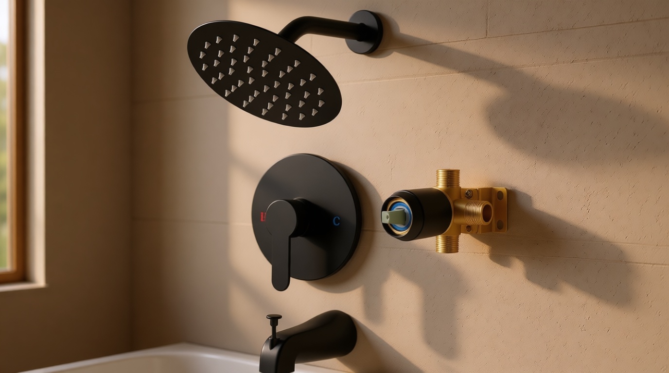 Airuida Shower Faucet Set with Tub Spout,Bathtub Faucet Set Complete,Round Rainfall Shower Head,Tub and Shower Trim Kit with Solid Brass Rough-In Valve,6 Inch-Matte Black