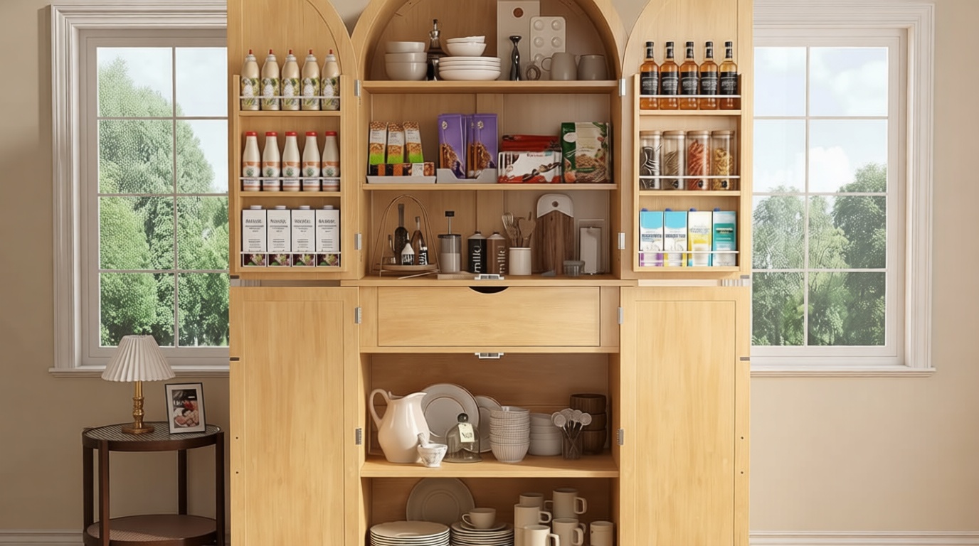 iPormis 71" Tall Arched Cabinet with Doors, Farmhouse Kitchen Pantry with 6-Tier Door Shelves & Drawer & Adjustable Shelves, Modern Wood Storage Cabinet for Dining Room, Living Room, Bathroom, Natural