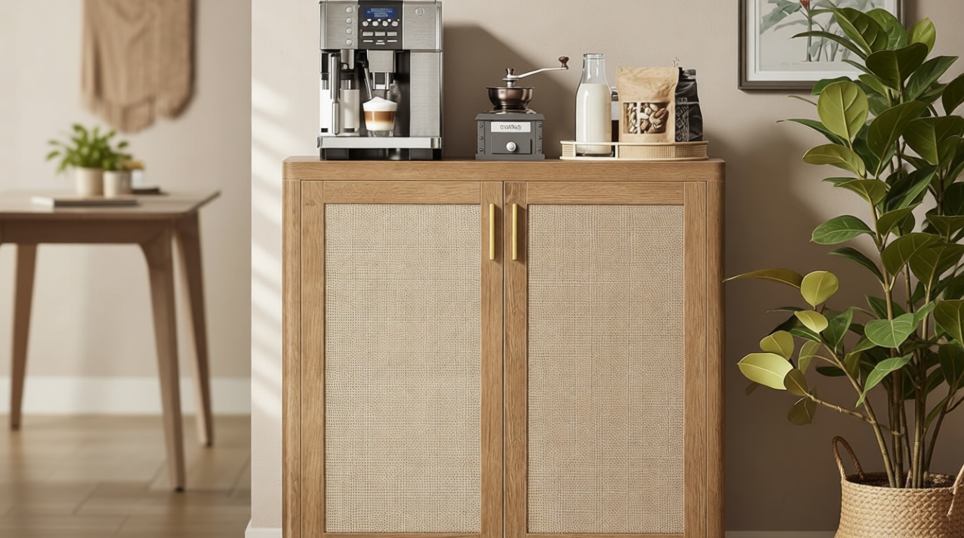 VASAGLE ELLAN Collection - Boho Buffet Cabinet with Rattan-Look Doors, Sideboard Storage Cabinet, Rounded Corners, Adjustable Shelf, for Kitchen, Natural Brown UBBK345KC01