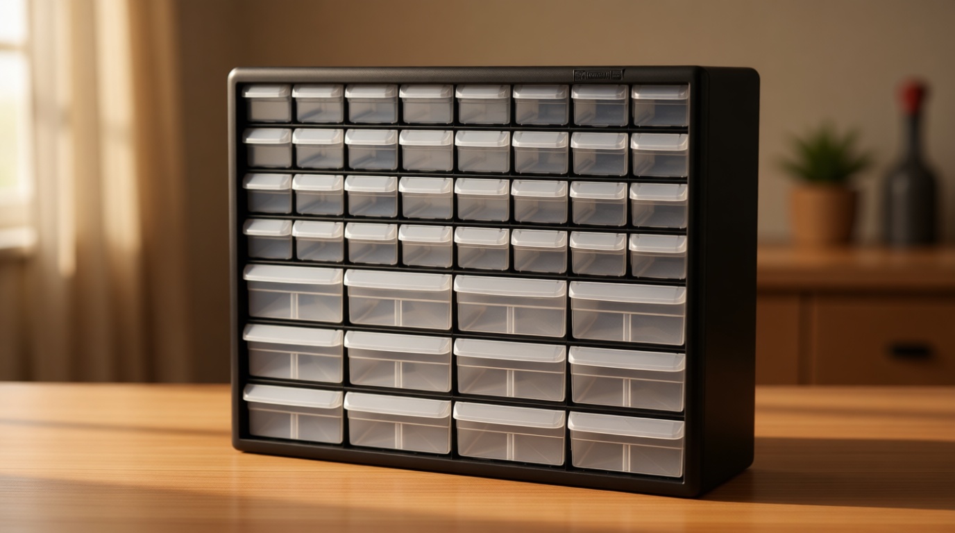 Akro-Mils 44-Drawer Plastic Drawer Storage Cabinet for Garage Organization, Bead Organizer, Building Bricks Storage, Teacher Toolbox, Makeup Organizer, 20" W x 6" D x 16" H, 10144 Black