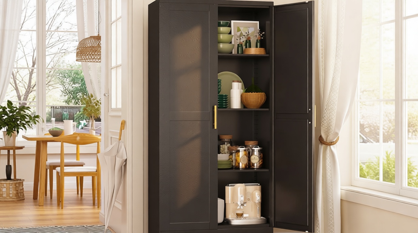 GAIOUS Metal Storage Cabinet With 2 Doors and 3 Adjustable Shelves, Black Kitchen Pantry for Food, Utility Cabinet for Laundry Room, Cupboard Recycled Claim Standard 100