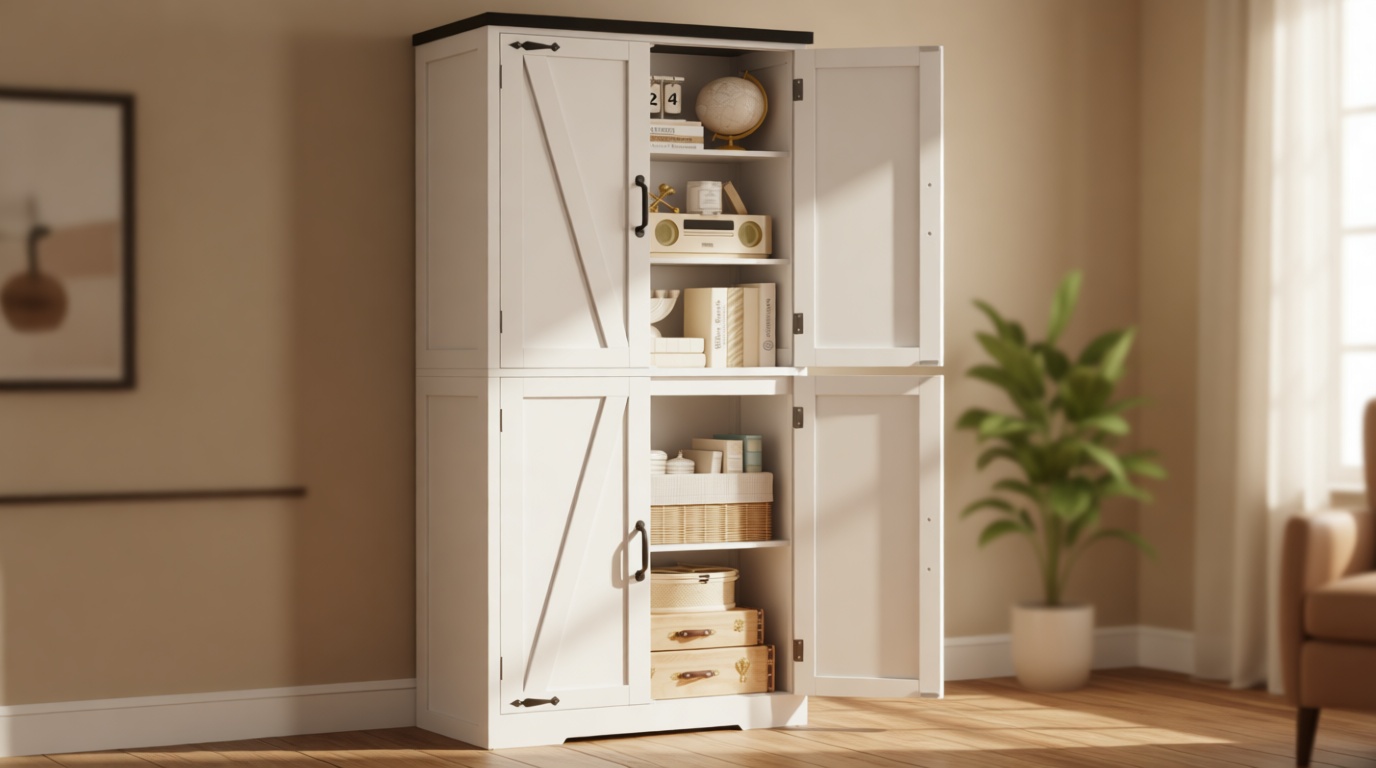 TEENFON 58" H Storage Cabinet with Adjustable Shelf, Farmhouse Kitchen Pantry Cabinet, Bathroom Cabinet with 4 Doors, Cupboard for Kitchen, Bathroom, Living Room, White