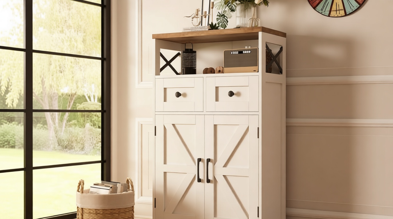 Befrases Farmhouse White Storage Cabinet with Doors and Drawers, Freestanding Kitchen Pantry Cabinet, Floor Storage Cabinet Hutch Cupboard for Kitchen, Living Dining Room, Bathroom