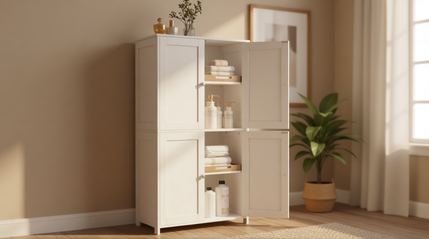 VASAGLE Floor Storage Cabinet, Shaker Cabinet with 2 Adjustable Shelves, 4 Doors, Tall Freestanding Organizer Unit, for Kitchen Bathroom Living Room, Cloud White UBBC553WH01S