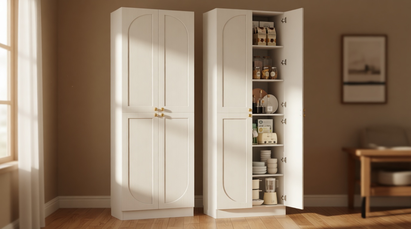 Cyclysio 80" Kitchen Pantry, Extra Tall Arch Storage Cabinet with 4 Doors and Adjustable Shelves, Freestanding Wood Cupboard with Seamless Fit Wall for Dining Living Room Bathroom Furniture