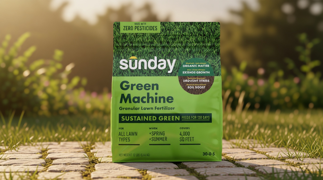 Sunday Green Machine Granular Lawn Fertilizer - 30-0-5 Mix for Up to 120 Days of Growth - Enriched with Potassium & Organic Matter for Soil Health & Extended Feeding - 12lbs - Covers Up to 4,000 Sq Ft