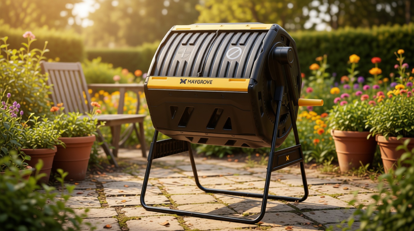 Maygrove Outdoor Compost Bin 53 Gallon, Dual Chamber Large Compost Tumbler for Garden Backyard, with 360° Rotating, Sliding Doors & Solid Steel Frame Global Recycled Standard