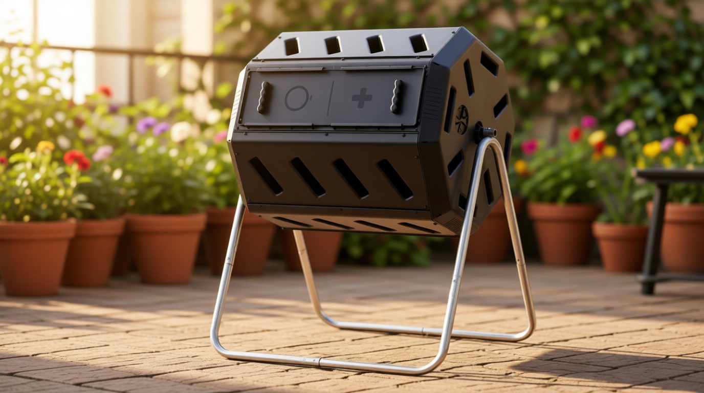 FCMP Outdoor IM4000 Dual Chamber Tumbling Composter Canadian-Made, 100% Recycled Resin - Outdoor Rotating Compost Tumbler Bin for Garden, Kitchen, and Yard Waste, Black (37 Gallon)