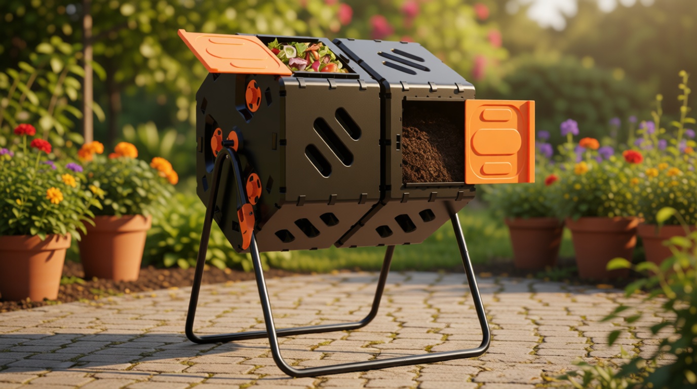 45 Gallon (170L) Compost Tumbler Outdoor, Dual Chamber Compost Bin with 360° Rotating Design, Adjustable Vents, Easy Assembly, Large Openings for Kitchen, Garden & Yard Waste