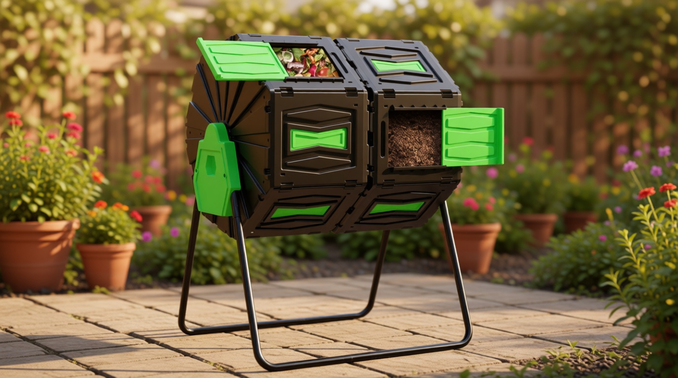 Compost Tumbler, Easy Assemble & Efficient Outdoor Compost Bin, 45 Gallon/170 Liter Large Dual Chamber Rotating Composter for Garden, Kitchen, and Yard Waste, Green Door
