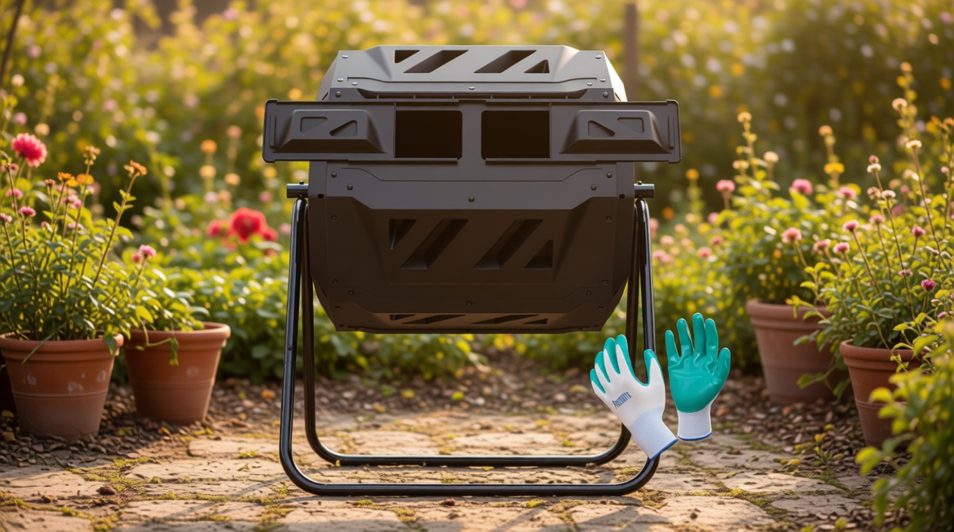 Compost Tumbler Bin Composter Dual Chamber 43 Gallon (Bundled with Pearson's Gardening Gloves)