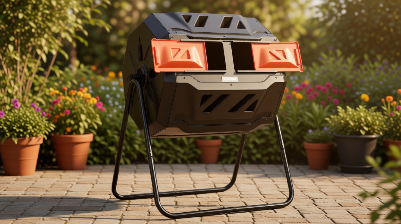 VIVOSUN Outdoor Tumbling Composter Dual Rotating Batch Compost Bin, 43 Gallon Orange Door Global Recycled Standard