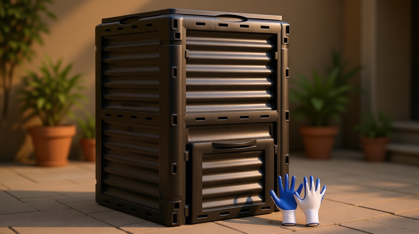 JupiterForce Garden Compost Bin 80 Gallon (300 L) from BPA Free Material, Large Composting Bin Outdoor Composter with Gloves, Easy Assembling, Fast Creation of Fertile Soil, Lightweight, Black