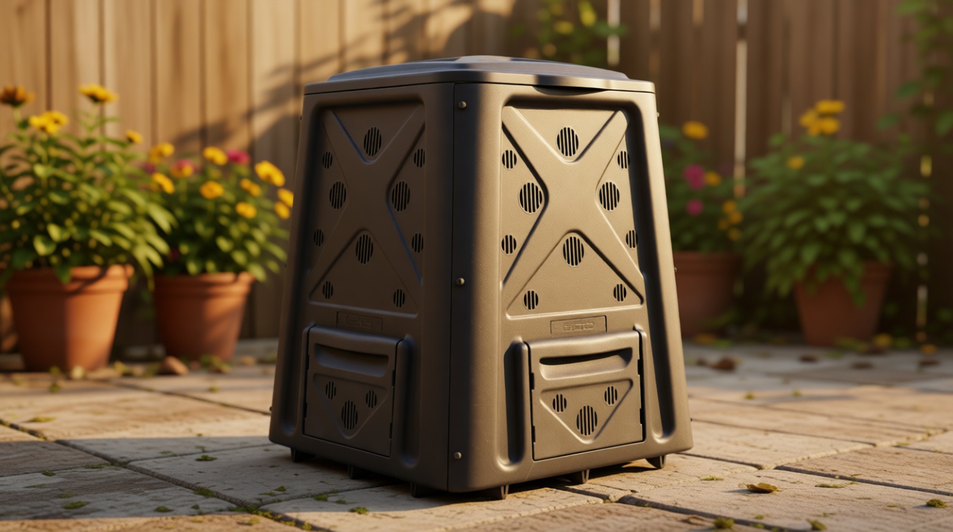 Redmon Outdoor Compost Bin with Lift Off Lid, 4-Door Access & Vent Holes, 65 Gallon, Black - Composting Bin Container for Kitchen Food Waste Recycling