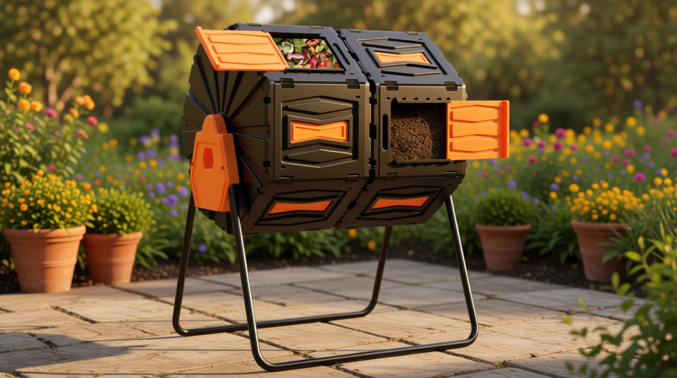 Compost Tumbler, Easy Assemble & Efficient Outdoor Compost Bin, 45 Gallon/170 Liter Large Dual Chamber Rotating Composter for Garden, Kitchen, and Yard Waste, Orange Door