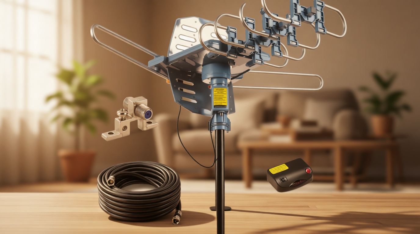 PBD Outdoor Digital Amplified HDTV Antenna, 150 Mile Motorized 360 Degree Rotation, Wireless Remote Control, 59FT RG6 Coax Cable, Coaxial Grounding Block, UHF VHF 1080P 4K, Support 2 TVs