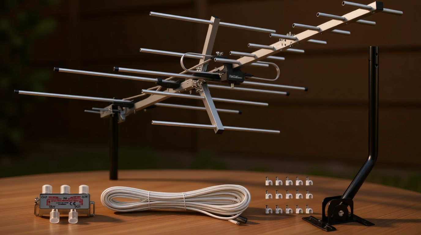 Five Star Yagi Satellite HD TV Antenna up to 200 Mile Long Range, Attic or Roof Mount Digital OTA TV Antenna for 4K Supports 4 TVs Installation Kit & Mounting Pole, Radio/FM Antenna