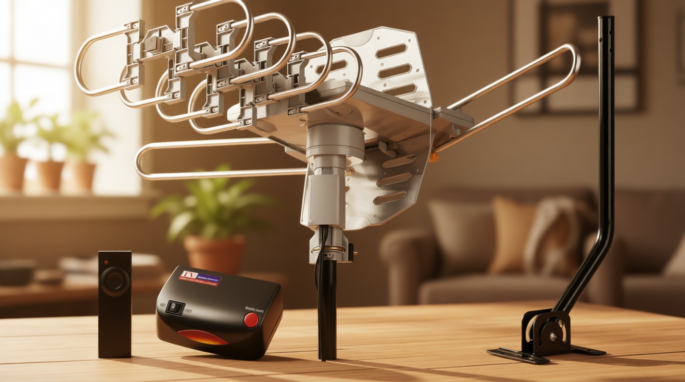 PBD Amplified Outdoor TV Antenna with 360° Motorized Rotation, UHF/VHF Long-Range Reception, Remote Control, Mounting Pole & 40FT RG6 Cable, Dual TV Outputs, Supports 4K/1080P Smart & Older TVs