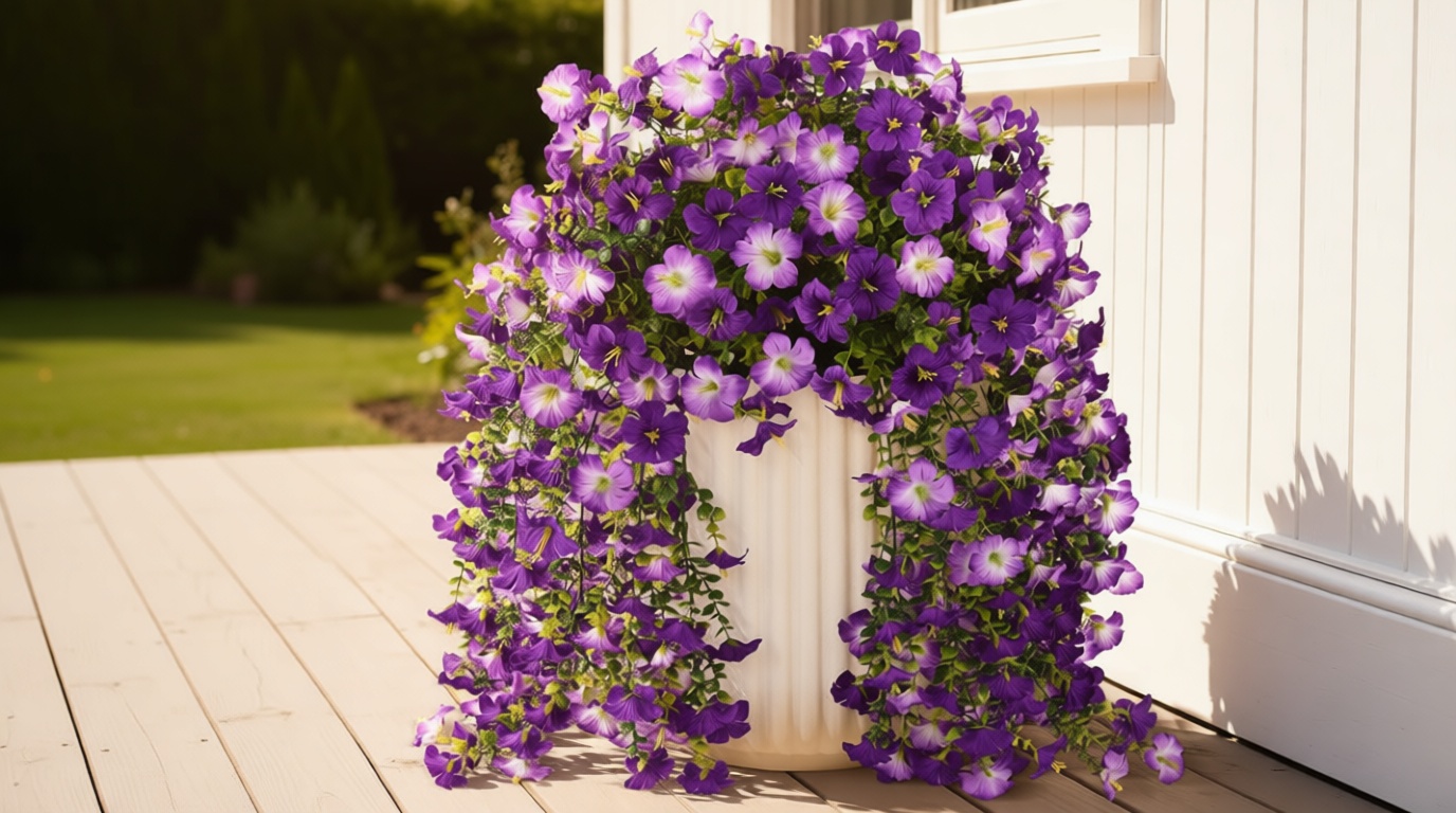 Artificial Fake Flowers Plants for Outdoor Spring Summer Decoration,2 PCS Faux Silk Morning Glory with Eucalyptus Leaves,UV Resistant Realistic Outdoor Flowers for Balcony Porch Patio Yard Garden