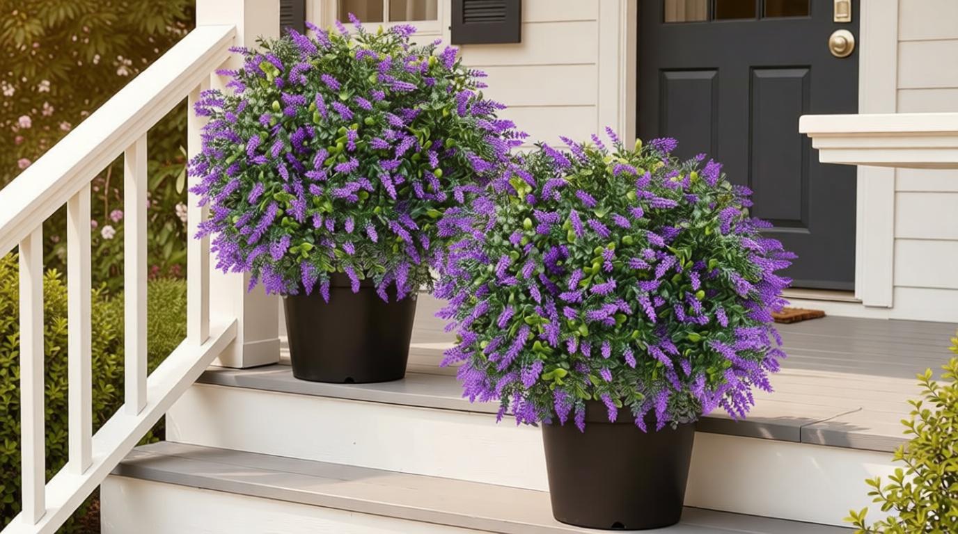 Grooy Artificial Boxwood Topiary Ball with Lavender, Set of 2 Artificial Shrub Bushes with Ground Spike, UV Resistant Fake Evergreen Plant Tree for Porch Outdoor Planters Indoor Valentine's Day Global Recycled Standard