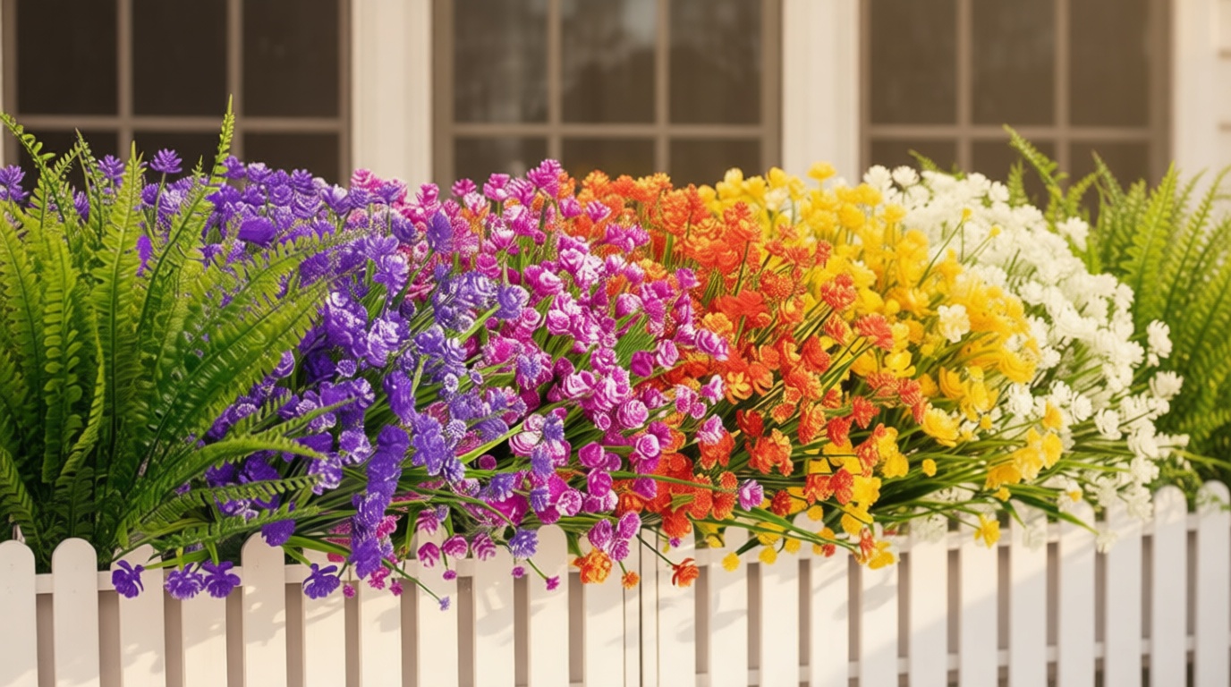 Ouddy Decor 24 Bundles Artificial Flowers for Outdoors UV Resistant Fake Plastic Plants Faux Boston Fern Greenery Stems for Spring Summer Indoor Garden Patio Window Box Kitchen Home Decor, Mixedcolor