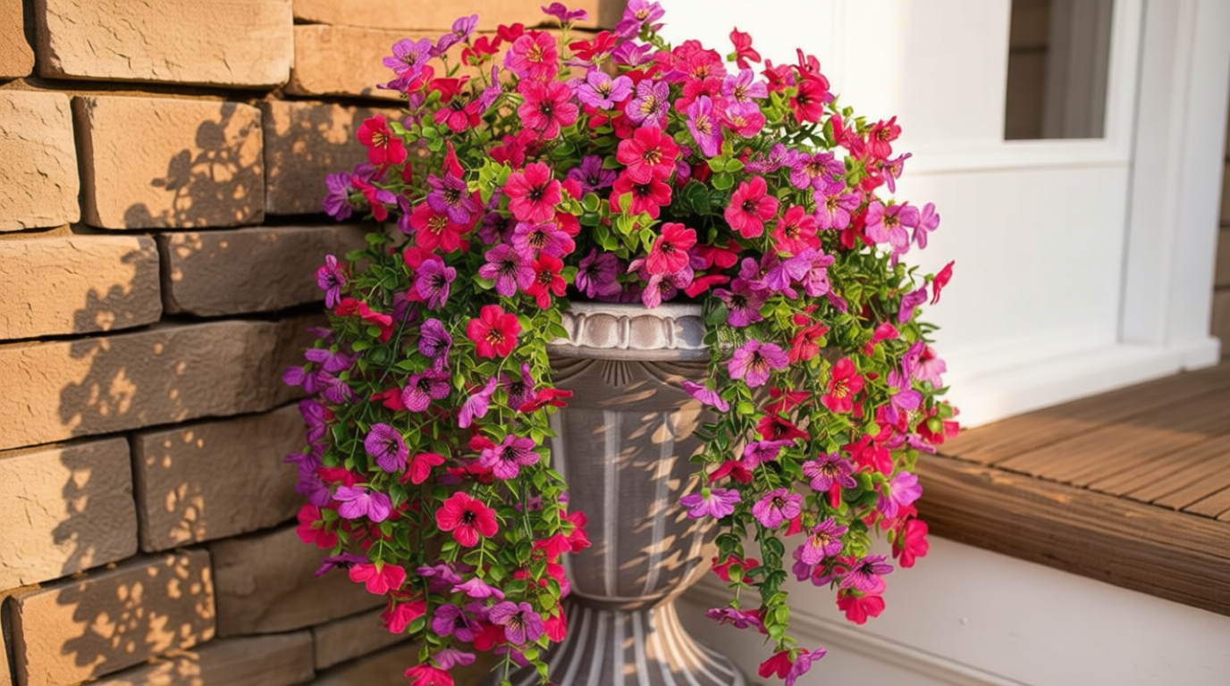 HyeFlora Artificial Flowers for Outdoors Fake Hanging Decoration, 2Pcs Purple and Hotpink Spring Decor, Realistic Plants, UV & Fading Resistant Silk Flower for Porch Patio Balcony Planter Yard