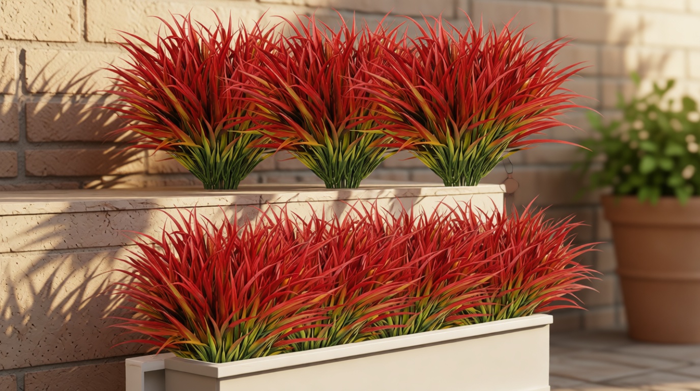 16 Pcs Artificial Plants Outdoor Fake Grass Faux Greenery Stems UV Resistant Plastic Plants Shrubs for Planters Patio Garden Front Porch Pathway Spring Summer Home Decor, Red