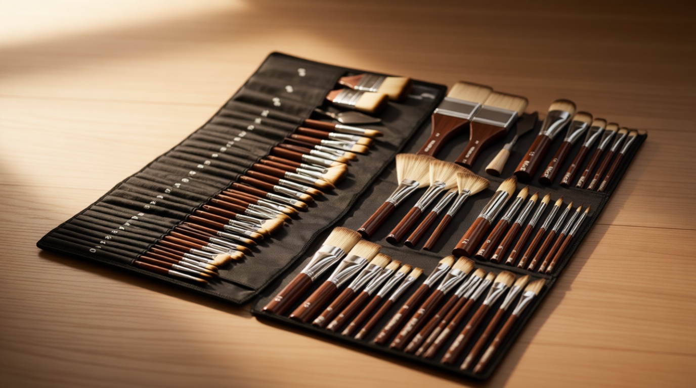 Nicpro 30pcs Paint Brush Set, Professional Paintbrushes with Paint Spatula and Cloth Roll, Craft Paint Brushes for Acrylic Painting, Oil, Watercolor, Gouache, Art Supplies for Artists and Beginners