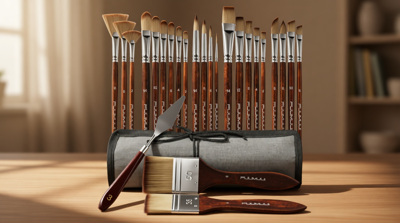 Fuumuui 25pcs Paint Brush Set, Professional 9 Shapes with Wide Flat, Filbert, Fan, Dagger, Cat Tongue, Round, Angle, Rigger for Acrylic Oil Watercolor | Includes Palette Knife & Waterproof Canvas Roll