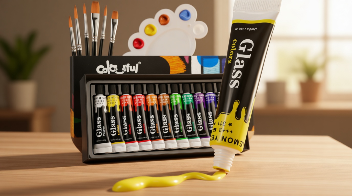 Colorful Acrylic Glass Paint Set with 6 Brushes, 1 Palette, 12 Colors Stain Glass Paints for Wine, Waterproof Acrylic Enamel Paint Kit to Create Translucent Arts on Porcelain, Window & Ceramic