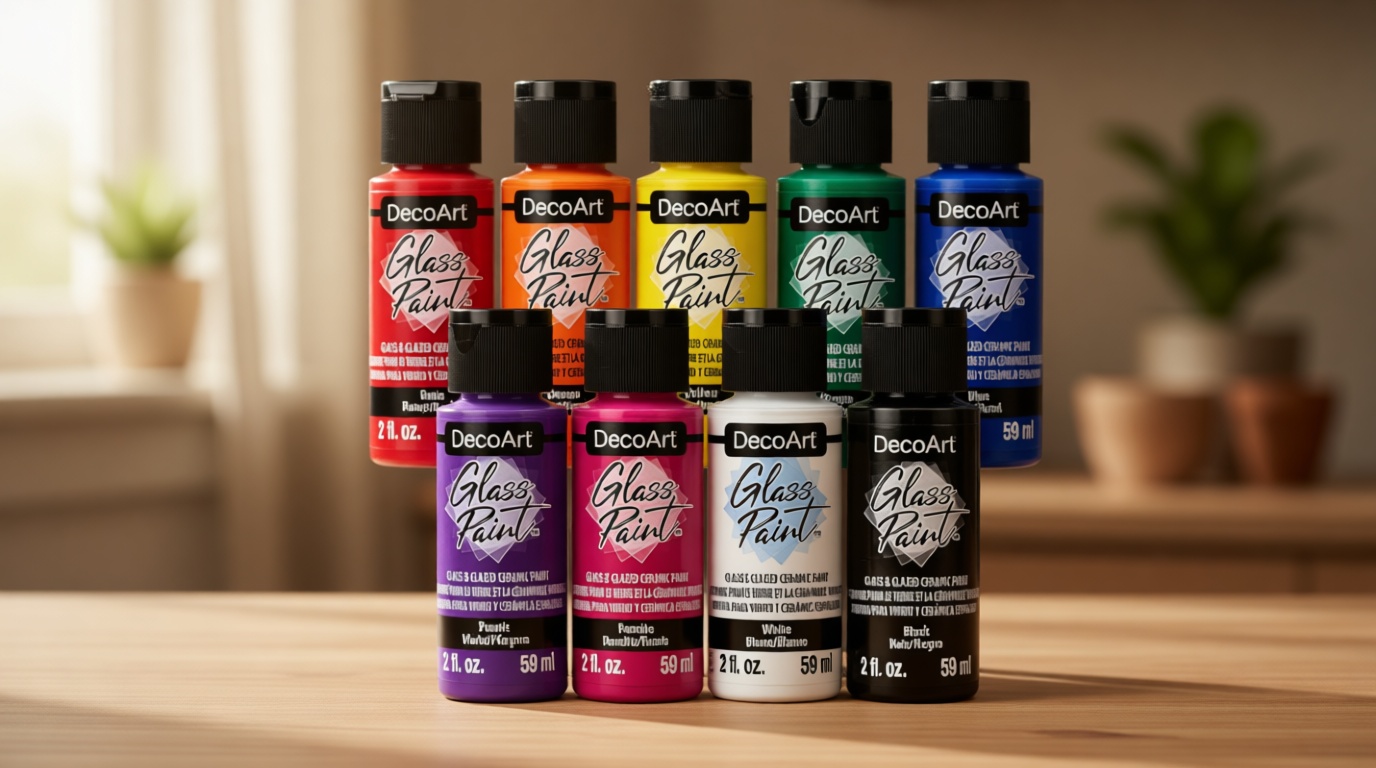 DecoArt Acrylic Glass Paint Set – Primary Colors, 9 Bottles (2 fl oz) – Opaque Art and Craft Glass Paint