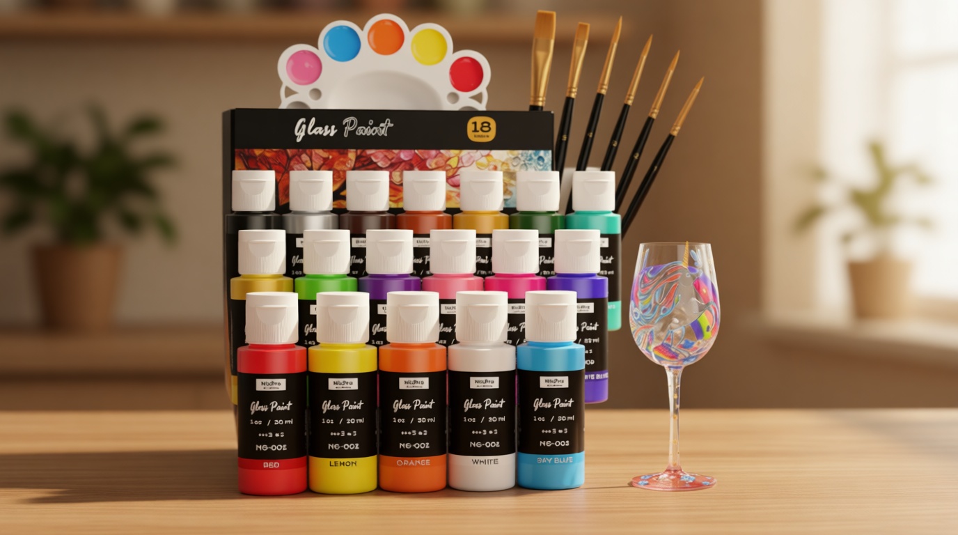 Nicpro 18 Colors Stained Glass Paint Set, 1oz / 30ml Waterproof Acrylic Enamel & Ceramic Glass Painting Kit for Arts on Transparent Wine Glasses Jars Windows with 6 Brushes & 1 Palette, Opaque Finish