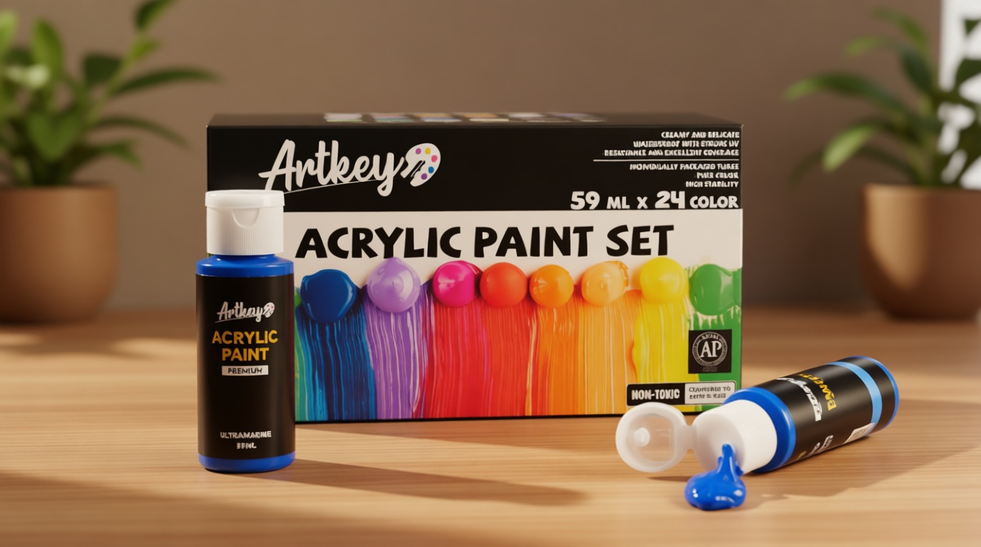 Artkey Acrylic Paint Set, 24 Colors 2 oz/59 ml Acrylic Paint Kit for Professional Artists & Beginners – Craft & Art Supplies for Canvas, Wood, Fabric, Rock, Leather, Ceramic, Glass, Easter Egg