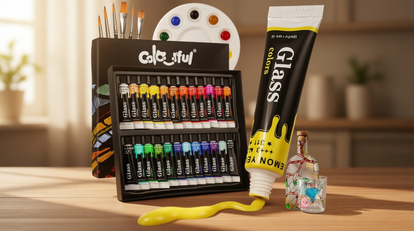 Colorful Stain Glass Paint Set with 6 Brushes, 1 Palette, 24 Color Waterproof Acrylic Enamel Painting Kit for Kids to Arts on Transparent Wine Glasses, Light Bulbs, Windows and Ceramics