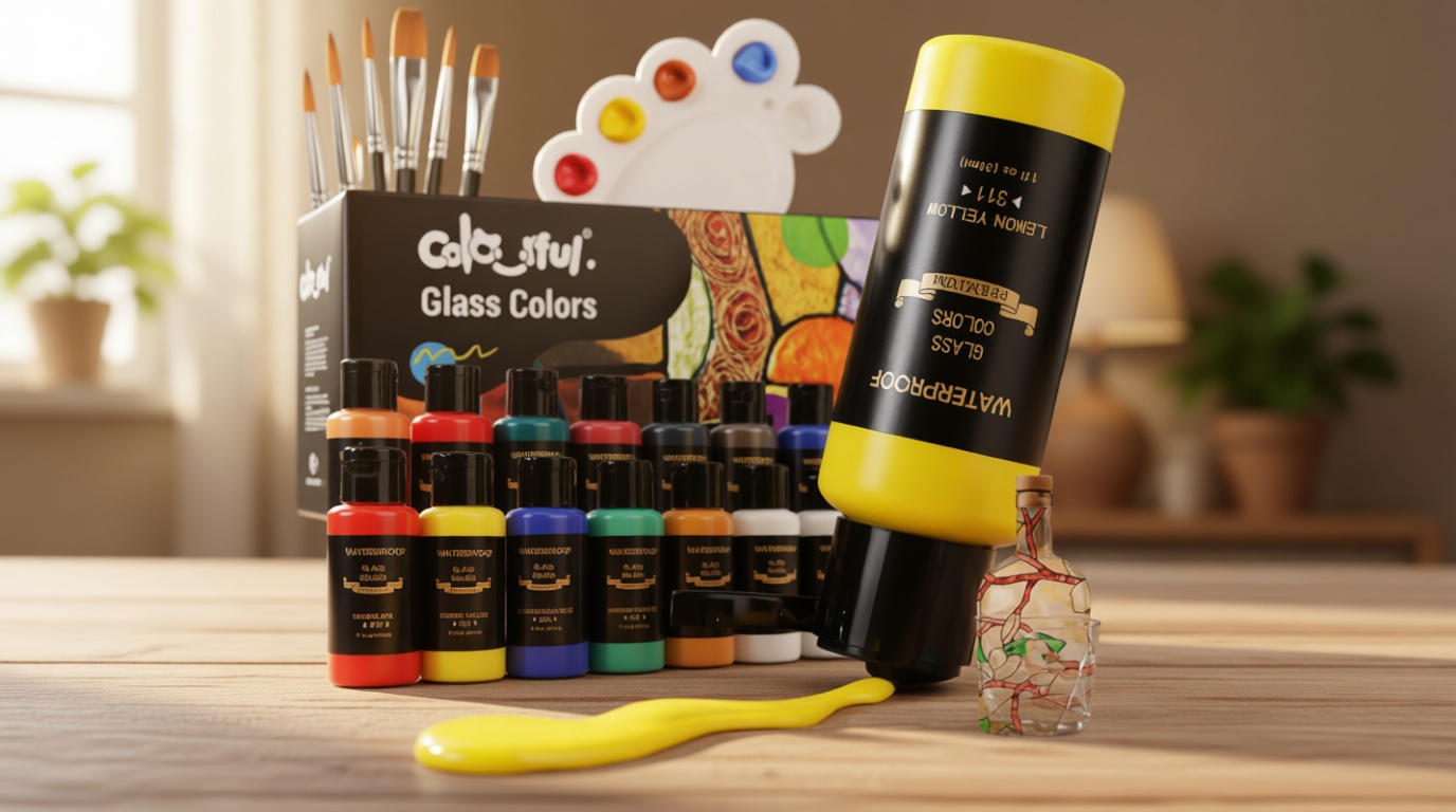 Colorful 14 Colors Stain Glass Paint Set with 6 Brushes, 1 Palette, Waterproof Permanent Glass Painting Kit for Kids to Arts on Wine Glasses,Bottle and Windows