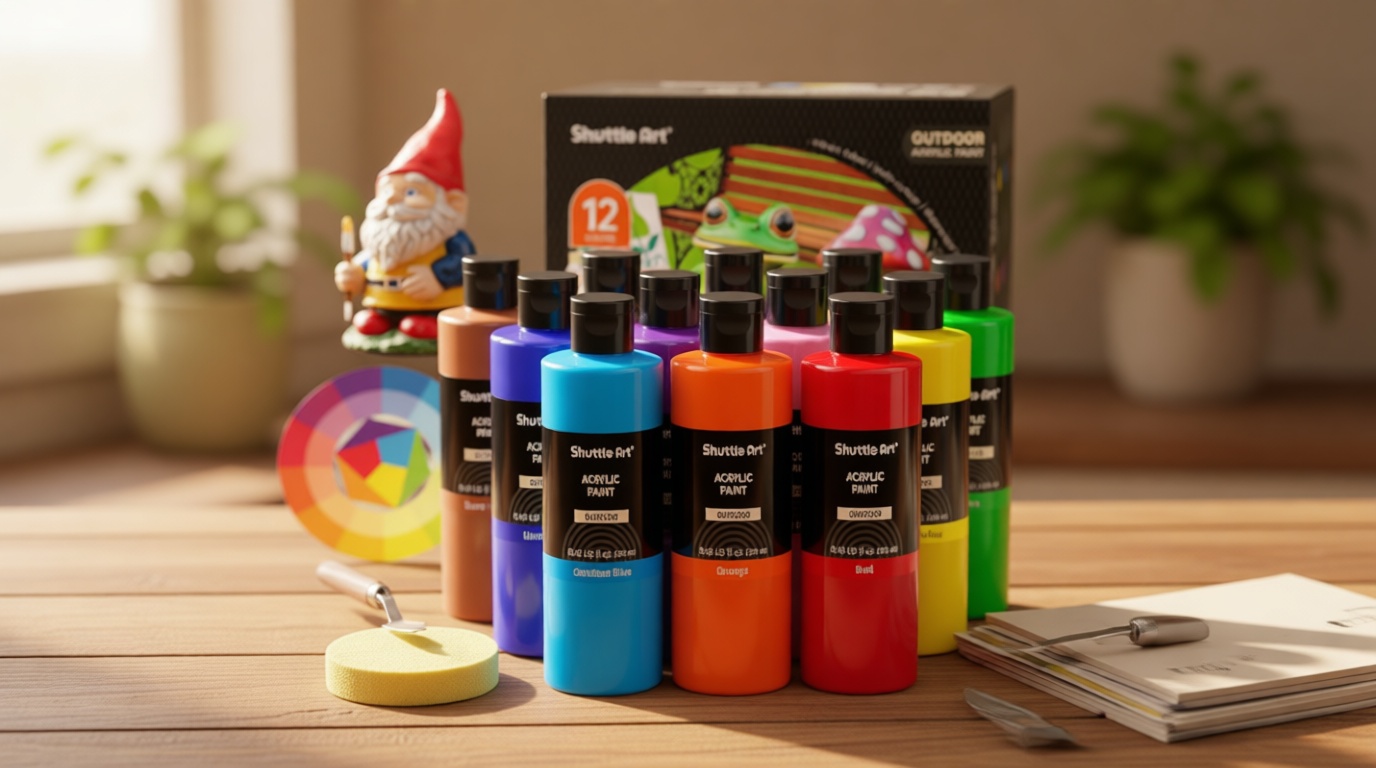 Shuttle Art Outdoor Acrylic Paint Set, 12 Colors Waterproof Paint, 8.45oz/250ml Large Bottles, Rich Pigmented Bulk Painting Supplies for Artists, Beginners on Rocks, Wood, Wall, Crafts, Garden Statues