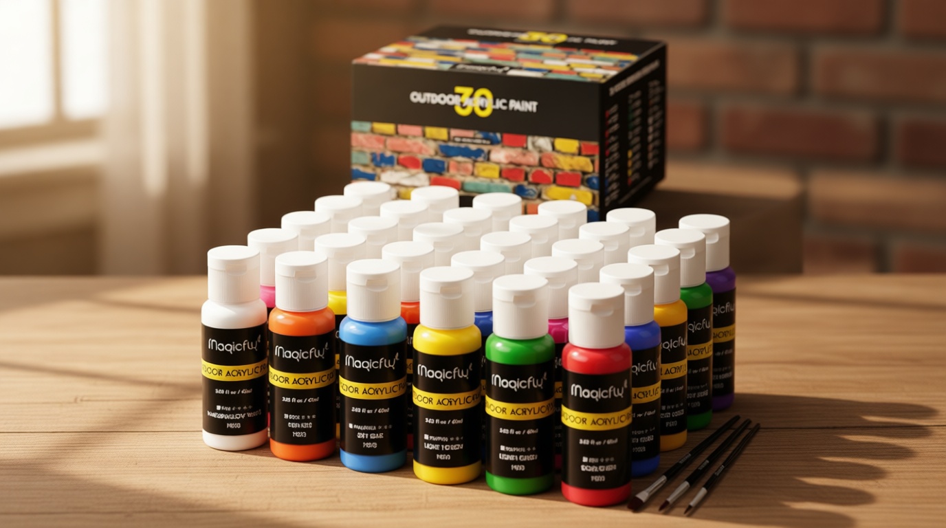 Magicfly Outdoor Acrylic Paint, Set of 30 Colors/Tubes (60 ml, 2 oz.) with Storage Box, Rich Pigments, Multi-Surface Paints for Rock, Wood, Fabric, Leather, Paper, Crafts, Canvas and Wall Painting