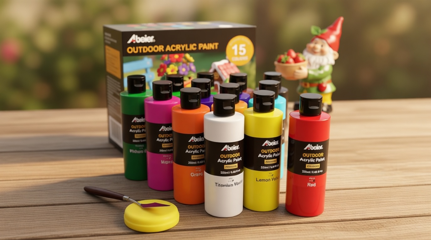 ABEIER Outdoor Acrylic Paint Set, 15 Vibrant Colors (8.45oz/250ml Large Bottles), Waterproof & UV Resistant Outdoor Paint for Rocks, Wood, Walls, Garden Statues, Professional Bulk Art Supplies