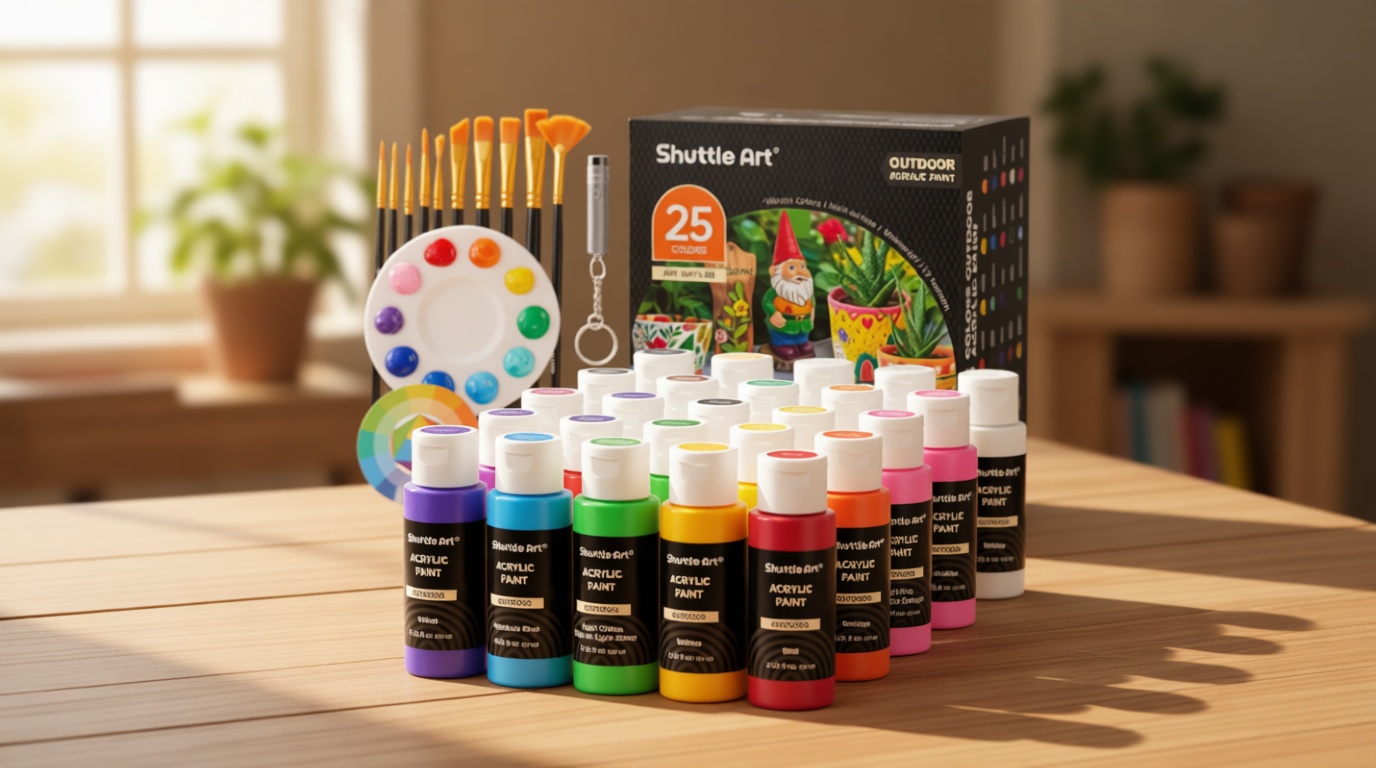 Shuttle Art 25 Colors Outdoor Acrylic Paint Set, 2oz/60ml Waterproof Acrylic Paint with 10 Brushes 1 Palette, Rich Pigmented Paints for Artists, Beginners on Rocks, Wood Crafts, Garden Statues