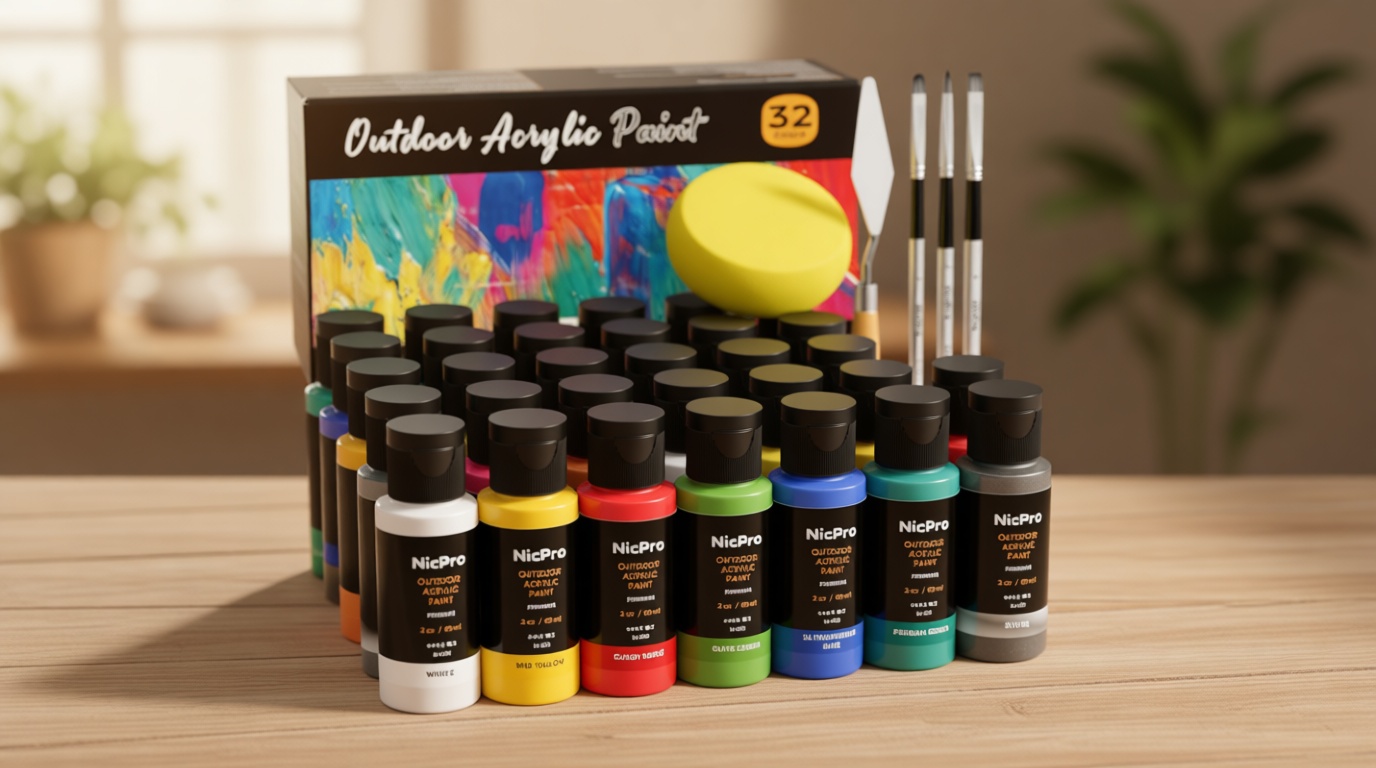 Nicpro 32 Colors Outdoor Acrylic Paint Bulk with Brush and Sponge, Knife, Non-Toxic Paint for Multi-surface Rock, Wood, Fabric, Leather, Crafts, Canvas, Shoes and Wall Painting