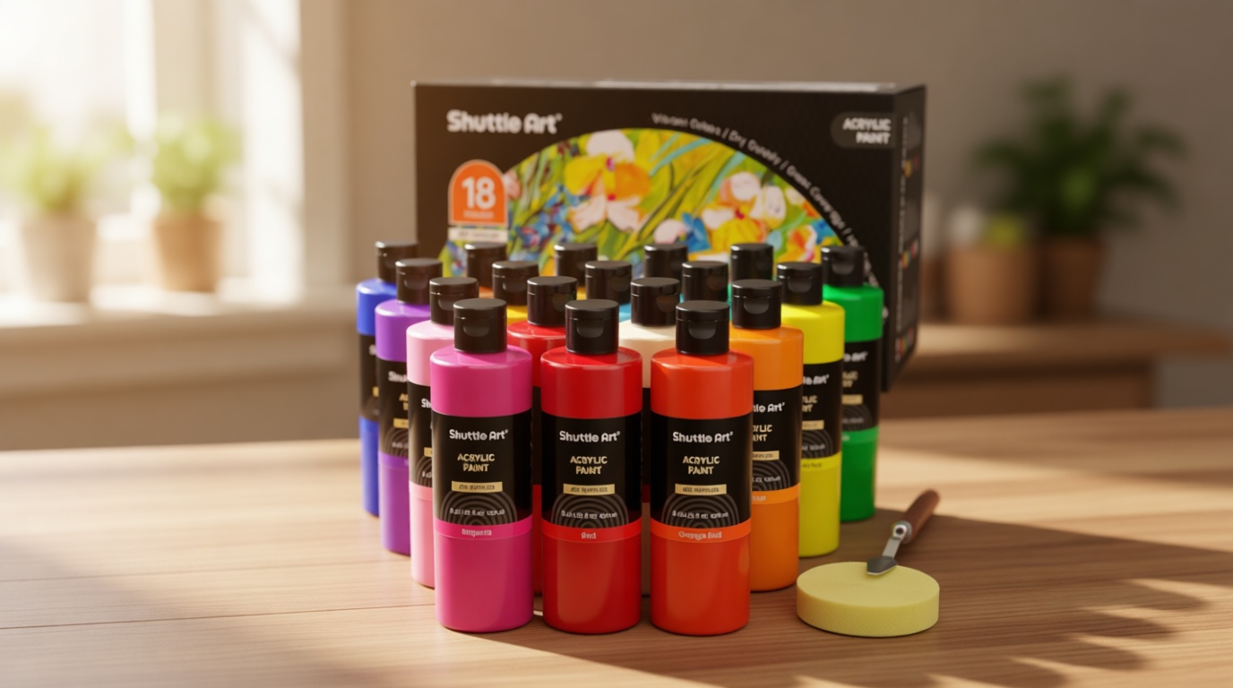 Shuttle Art 18 Colors Acrylic Paint Bottle Set (250ml/8.45oz), Rich Pigmented Bulk Painting Supplies for Artists, Beginners and Kids on Rocks Crafts Canvas Wood Ceramic