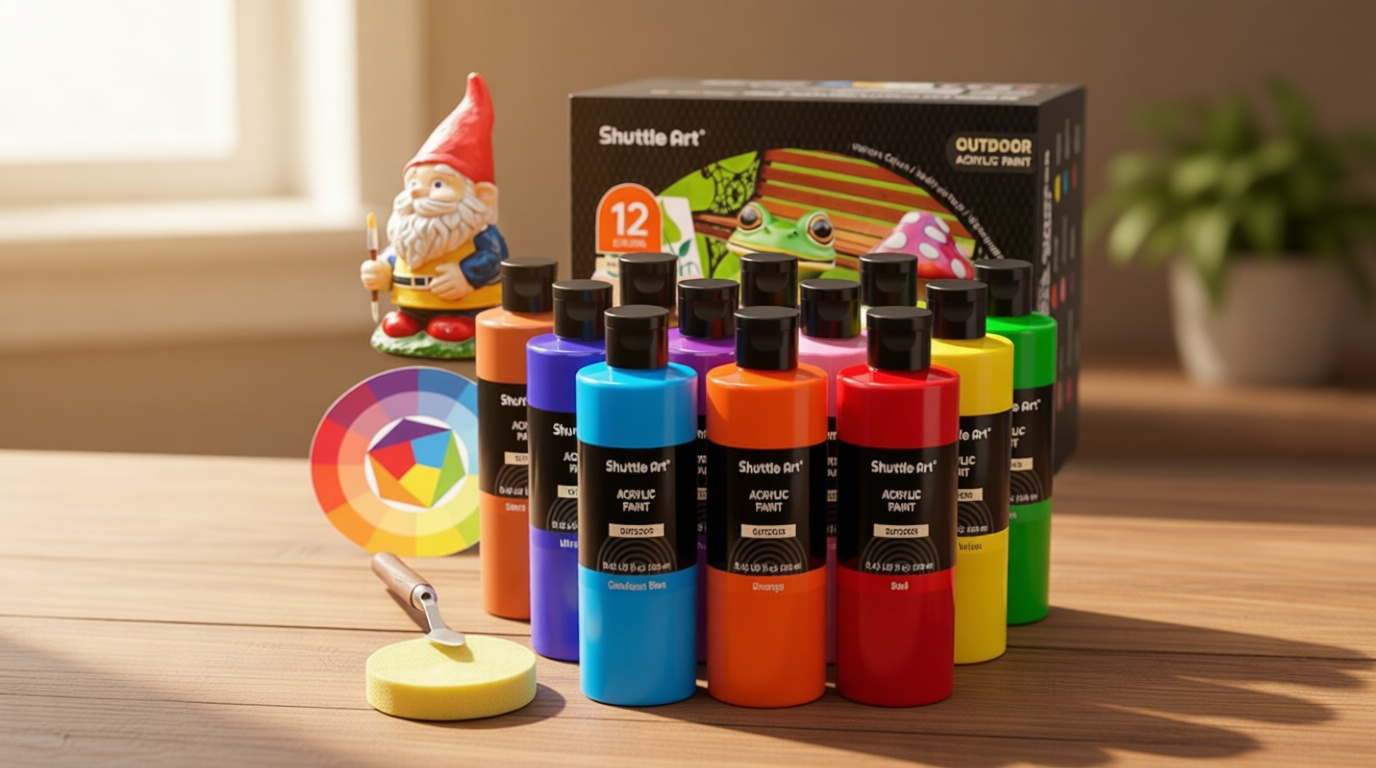 Shuttle Art Outdoor Acrylic Paint Set, 12 Colors Waterproof Paint, 8.45oz/250ml Large Bottles, Rich Pigmented Bulk Painting Supplies for Artists, Beginners on Rocks, Wood, Wall, Crafts, Garden Statues