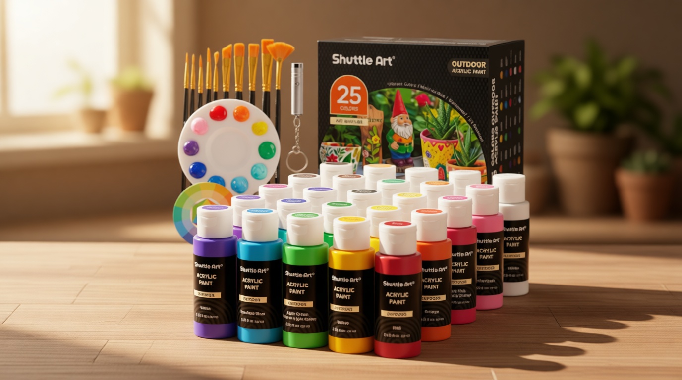 Shuttle Art 25 Colors Outdoor Acrylic Paint Set, 2oz/60ml Waterproof Acrylic Paint with 10 Brushes 1 Palette, Rich Pigmented Paints for Artists, Beginners on Rocks, Wood Crafts, Garden Statues