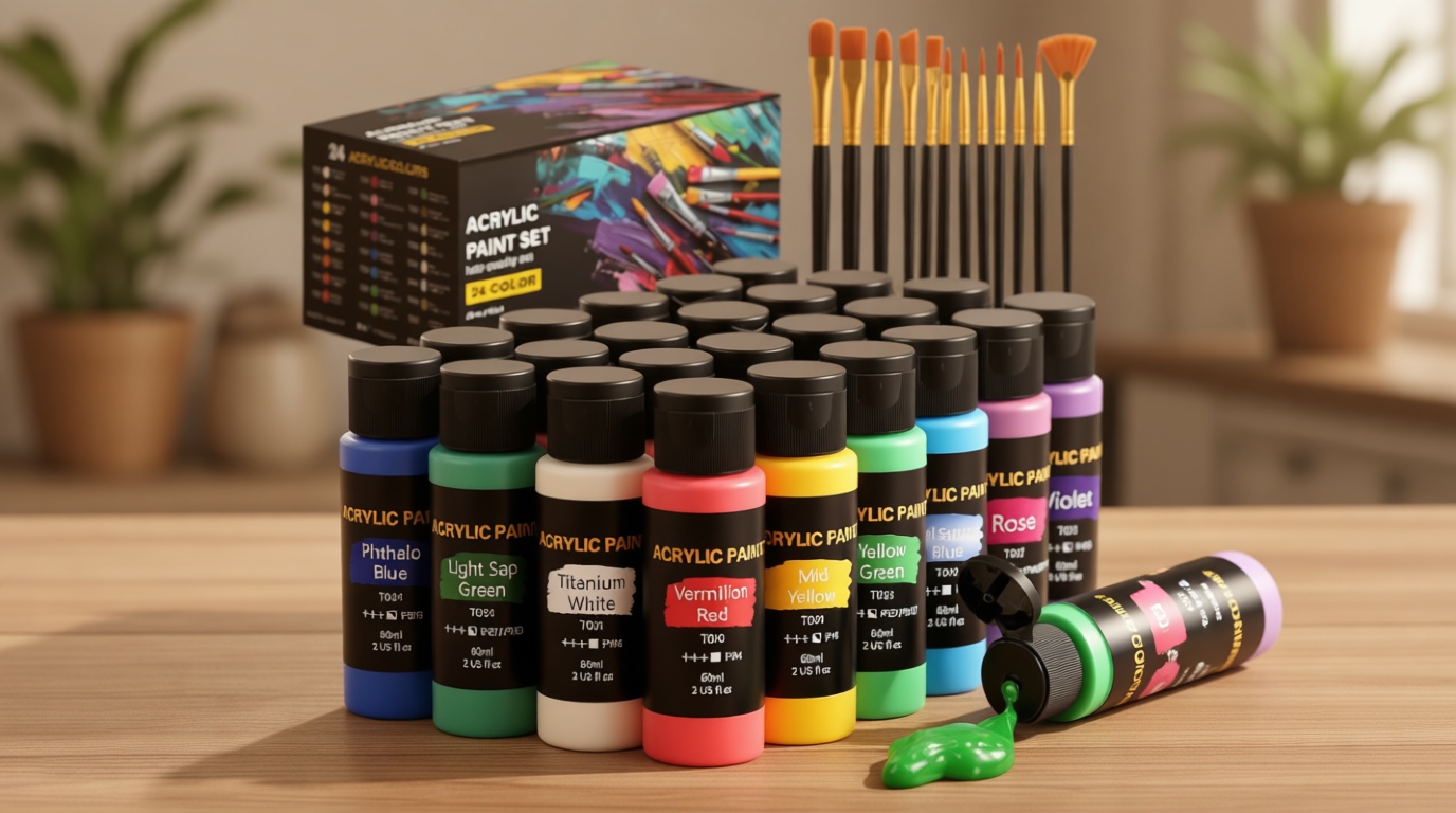 TMOL Acrylic Paint Set, 24 Colors (2 oz/Bottle) with 12 Art Brushes, Art Supplies for Painting Canvas, Wood, Ceramic & Fabric, Rich Pigments Lasting Quality for Beginners, Students & Professional Artist