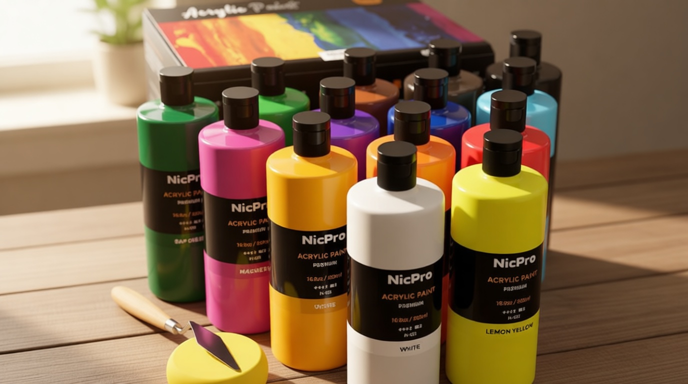 Nicpro 14 Colors Large Bulk Acrylic Paint Set (16.9 oz,500 ml) Rich Art Painting Supplies, Non Toxic for Multi Surface Rock Canvas Wood Ceramic Leather Fabric Craft, for Adult with Color Wheel