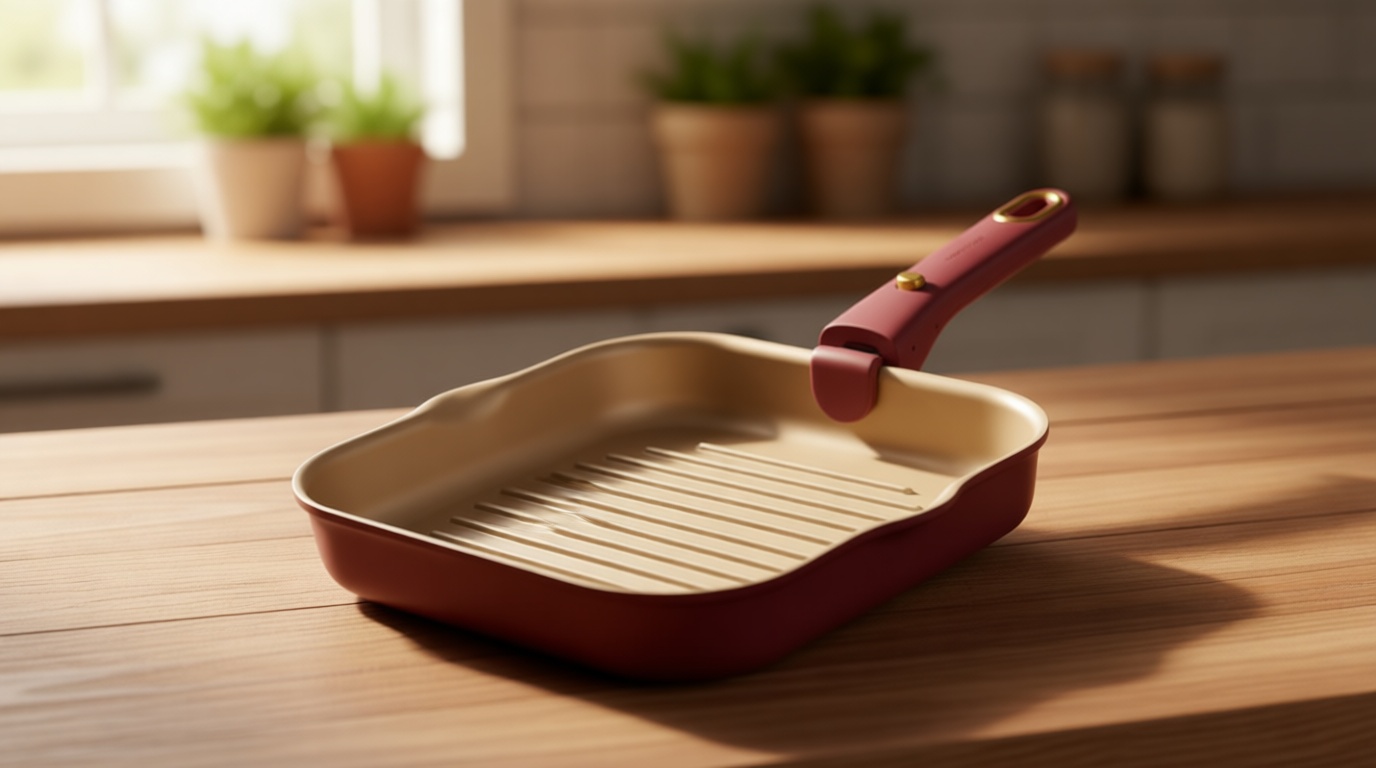 CAROTE 10 Inch Titanium Reinforced Nonstick Grill Pans for Steak, Non-Stick Grill Pans Sets with Detachable Handle, PFOS, PFOA Free, Gas & Induction Safe, All Stovetops Compatible, Burgundy