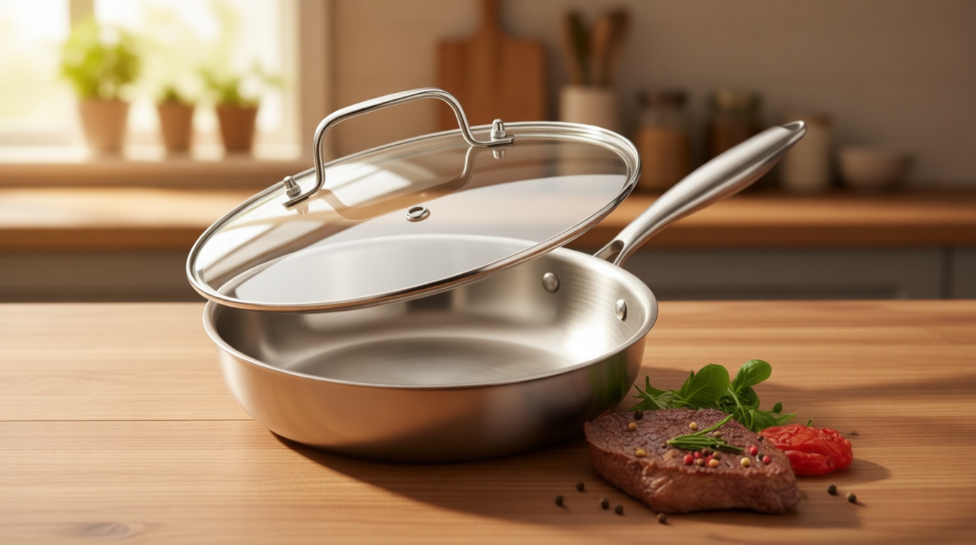 DELARLO Tri-Ply Stainless Steel Pan, 18/10 Frying Pan, Oven Safe Up to 600°F, Nontoxic Cookware, Compatible with All Cooktops Skillet, Durable, Fast Even Heat Fry Pan,12 inch Pan with Glass Lids Recycled Claim Standard Blended