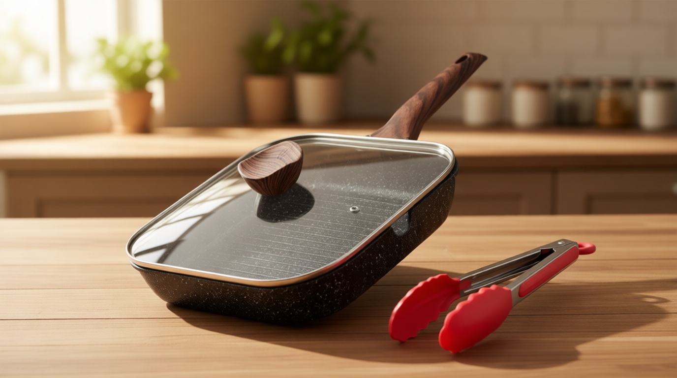 Kordisen Nonstick Grilling Pan with Lid for Stove Tops, 11 Inch Square Grill Pan for Indoor Cooking, Granite Coating Grill Skillet with Pour Spouts, Versatile Griddle, Induction Steak Pan, PFOA Free